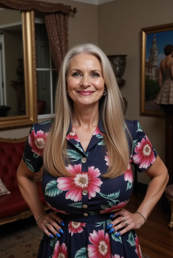 A real photograph of a stunningly beautiful elderly++++ grandmother with a very thin body and huge monstrous tits. Her fingernails are perfectly manicured and are extremely long and painted blue. The fingers and fingernails are perfectly shaped. She has a radiant and beautiful smile as she looks through the camera while standing in the living room. She is wearing a collard short sleeve flared skirt shirtwaist print dress. She has long greying hair and is standing with both hands on her hips with her fingernails visible. The background is complex.  Her fingernails are super long.