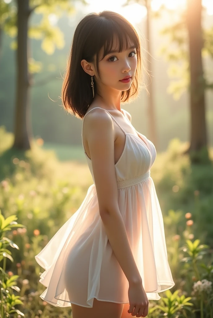 ((top quality, 8k, masterpiece: 1.3, raw photo)), Sharp Focus: 1.2, (1 aespa girl: 1.2), (Realistic, Photorealistic: 1.37), (face focus: 1.1), cute face, small breasts, flat chest, short hair, sitting, show panties, from below, sunlight, movie lighting, A beautiful girl wearing a white chiffon dress and staring at the countryside at dusk
