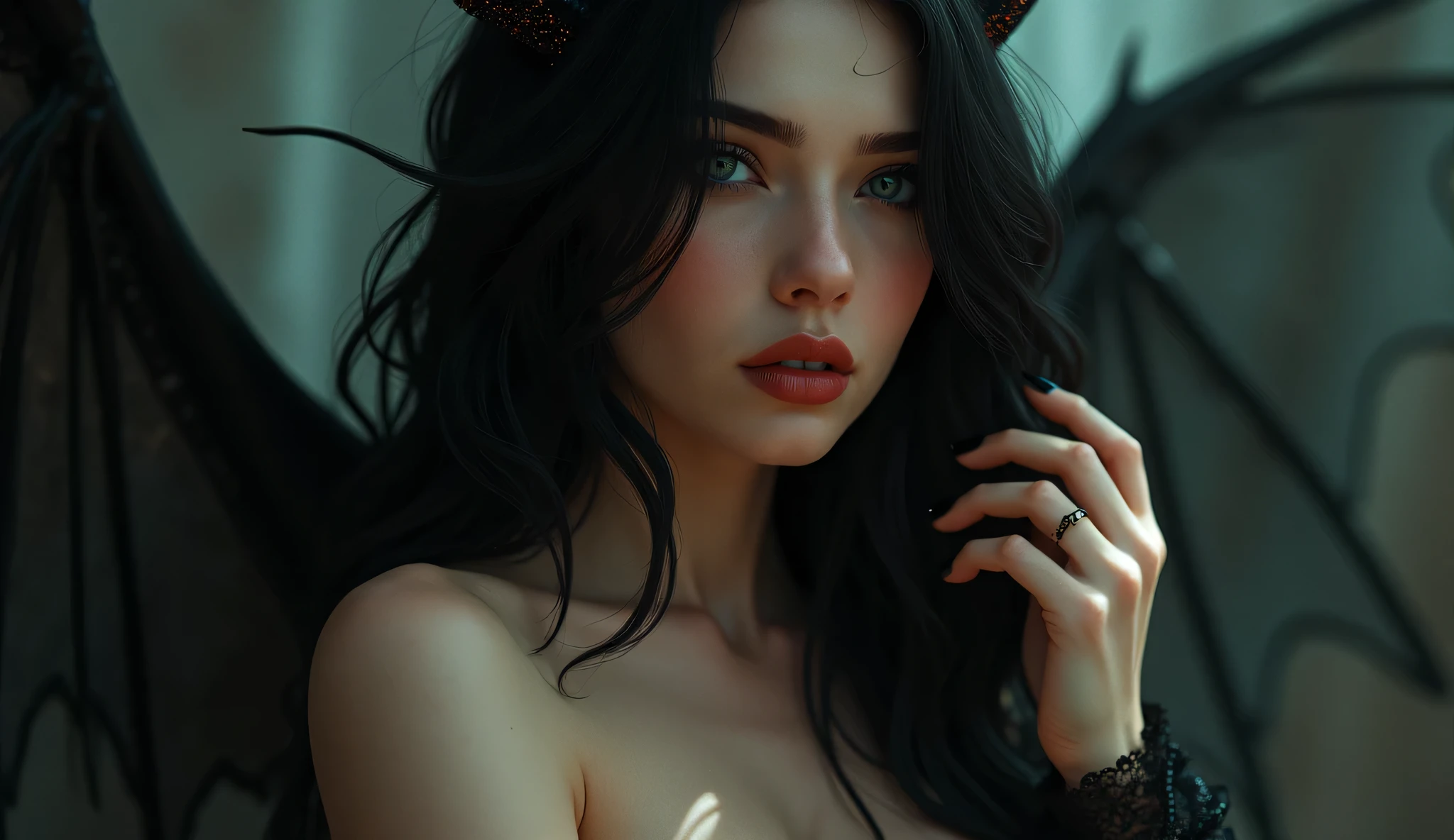 A beautiful woman with a giant wolf, red full lips, long hair, (best quality,4k,8k,highres,masterpiece:1.2),ultra-detailed,(realistic,photorealistic,photo-realistic:1.37),intricate details, striking pose, mystical atmosphere, dark moody lighting, dramatic chiaroscuro,fantasy,digital painting,cinematic,highly detailed face and eyes,delicate features,gorgeous woman,powerful wolf,dramatic lighting,moody colors,fantasy realism