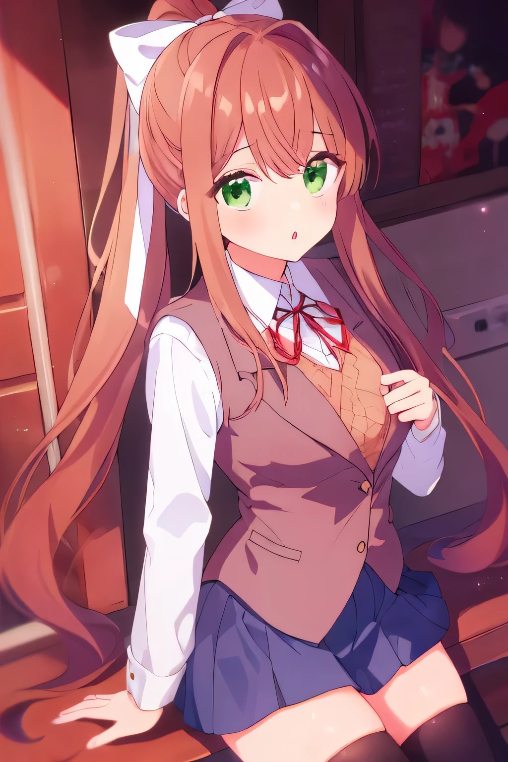 
Monika has extensively long coral brown hair (which she keeps in a high ponytail tied back with a large white bow, slightly curled at the ends. She has two prominent strands of hair next to her bangs that reach just past her chest His eyes are emerald green. She wears a typical school uniform, which is a warm gray blazer over a brown vest, and underneath, a white collared shirt, topped with a red ribbon. She also wears a dark blue skirt, black thigh-high stockings.