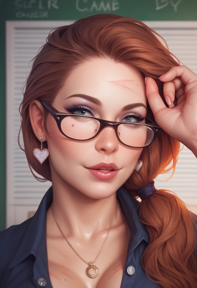 (best quality:1.3), (4k quality),(sharp image), Karin, ((Detailed face)), ((masterpiece face)),((perfect detailed eyes)) (blush), Karin, red hair,  long red hair, red eyes, red lips, red lips, sly face, face with stern features, ((detailed face)), perfect face, highly detailed eyes, masterpiece, absurdres , (intricate details), (colorful),cinematic lighting, extremely detailed CG unity 8k wallpaper , 1girl, solo, mature female, erected tits, fit body, cameltoe, glasses, black thong, purple jacket, evil smile, office room, ((perfect small erected breast)), kneeling in seductive pose and showing her tits, slim fit body, perfect round tits, open mouth, from above