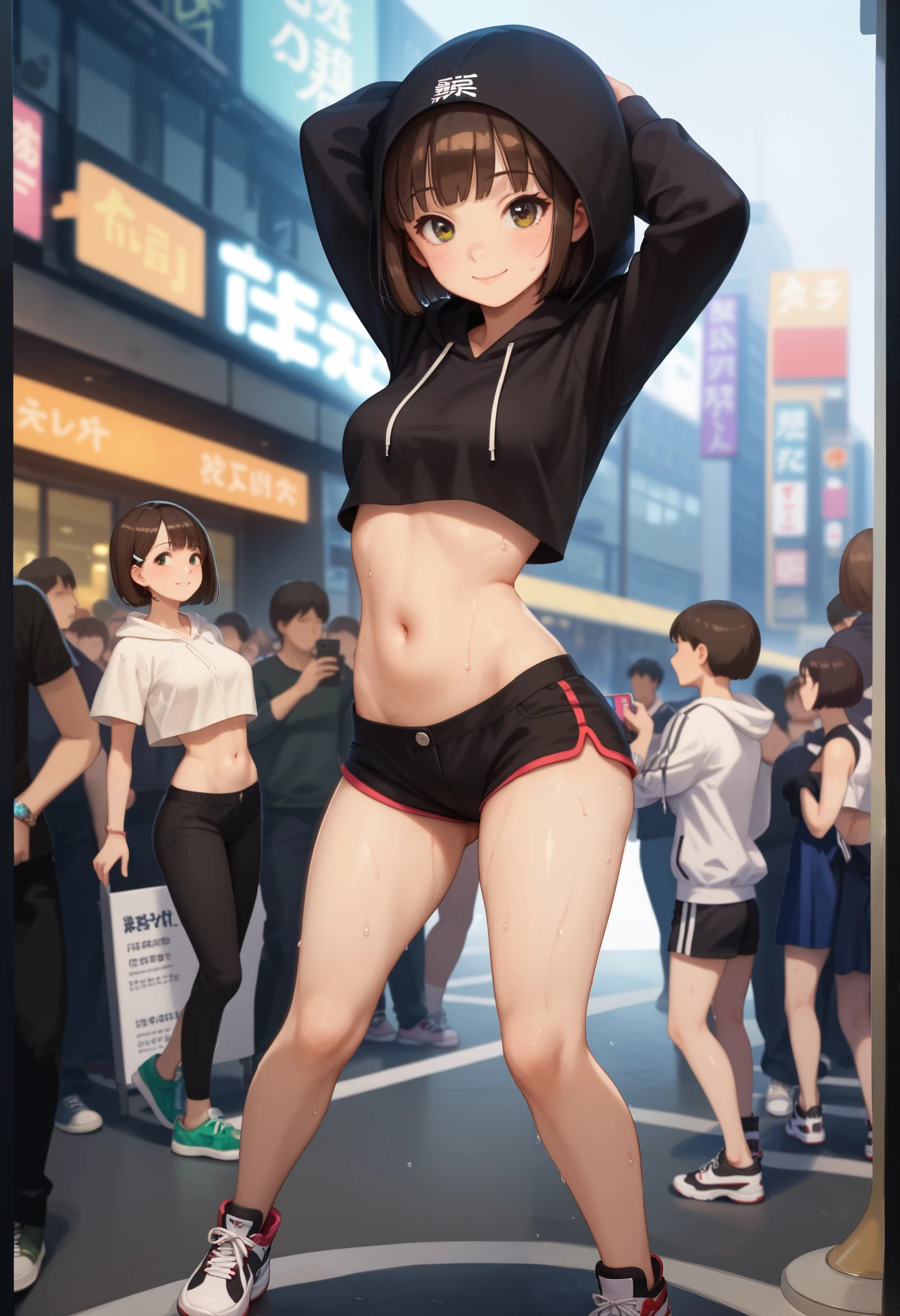 ((masterpiece)), (HQ), (4K), (high detailed), (best quality), (detailed face), (beautiful, cute, pretty girl), (18yo girl with arms behind head), (high ponytail), (petite, slender, skinny), (girl is shocked, nervous, shy), ((small medium boobs)), (((topless))), (wearing soccer shorts), (only one naked), (blushing:1.5), (skinny thighs), (bare shoulders), (bare neck), (bare arms), (bare chest), (((crowd of people))), (((lots of people)))