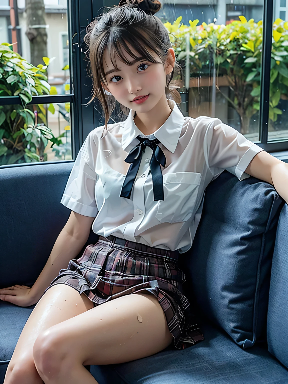 ultra-detailliert、masterpiece、top-quality、超A high resolution、8K、high-level image quality、Real live-action、Photogenic clarity、A detailed eye、gradients、perfect anatomy body proportions ,hard disk、nffsw , Nikon Z9 80mm Lens 、masutepiece、18 year old adult beautiful girl, Dark hair, Short hair, (Curly hair), (((Pale pink panties made of lace material)))、Tiny panties、Detailed panty patterns、panties focus、NSFW, (Show white teeth and smile)、Looking at the camera、(((Lift the hem of the skirt, Lift the hem of the skirt with both hands, Lift the hem of the skirt yourself)))、((Japan school uniform)), (White Blazer:1.2), (short plaid skirt:1.5), (neck tie:1.2), Check skirt、Black Hair Bob Hair、Cute headband earrings on the head、a necklace、A bracelet、Light on Face、(Correct eye balance)、Squat and open your legs、(((Beautiful alignment and snow-white teeth)))、Sparkling eyes、Glossy lips with lip gloss、too bright natural light、The Bright Sun、