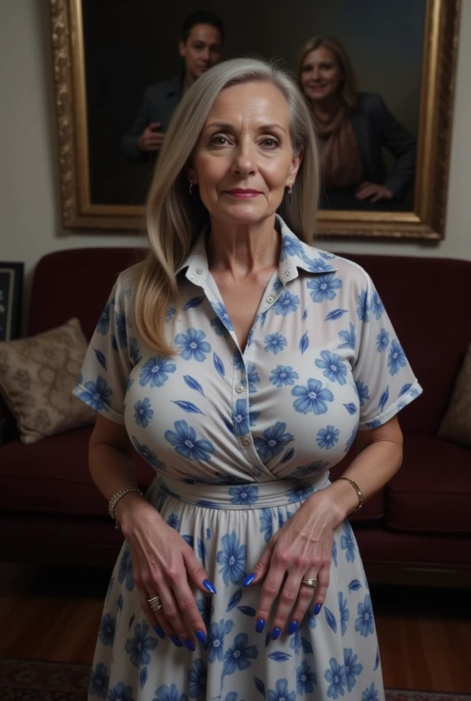 A real photograph of a stunningly beautiful elderly++++ grandmother with a very thin body and huge monstrous tits. Her fingernails are perfectly manicured and are extremely long and painted blue. The fingers and fingernails are perfectly shaped. She has a radiant and beautiful smile as she looks through the camera while standing in the living room. She is wearing a collard short sleeve flared skirt shirtwaist print dress. She has long greying hair and is standing with both hands on her hips with her fingernails visible. The background is complex. Her fingernails are super long.