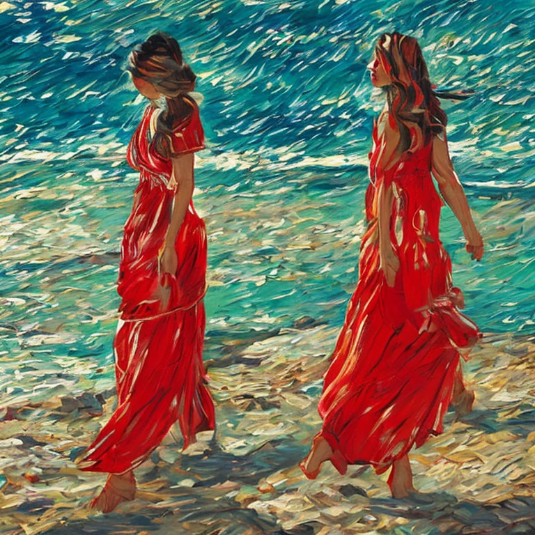  woman in red dress、 strolling on the beach at dusk 、At the Shore、The moment the sun sets、Oil painting style、Van Gogh style、 warm colors and a warm atmosphere 、Elevation angle from a low position 、Third Person Perspective、Center the subject、 with a wide ocean in the background 、 4K resolution、 minimizes noise 、 using high quality sampling techniques

