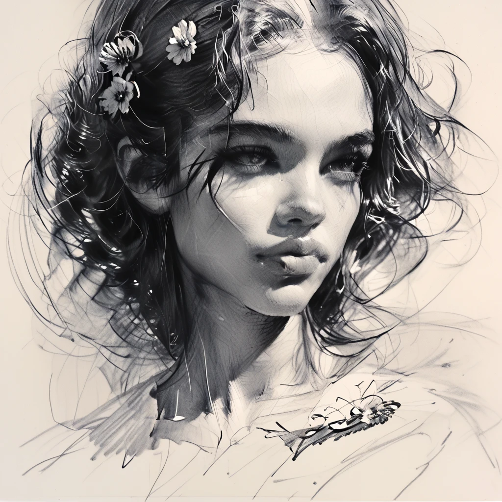 sketch antique sketch, sepia., monochrome, traditional media, brown theme,, score_9, score_8_up, score_7_up, score_6_up, score_5_up, score_4_up, masterpiece, beautiful illustration, girl, sketch, flowers