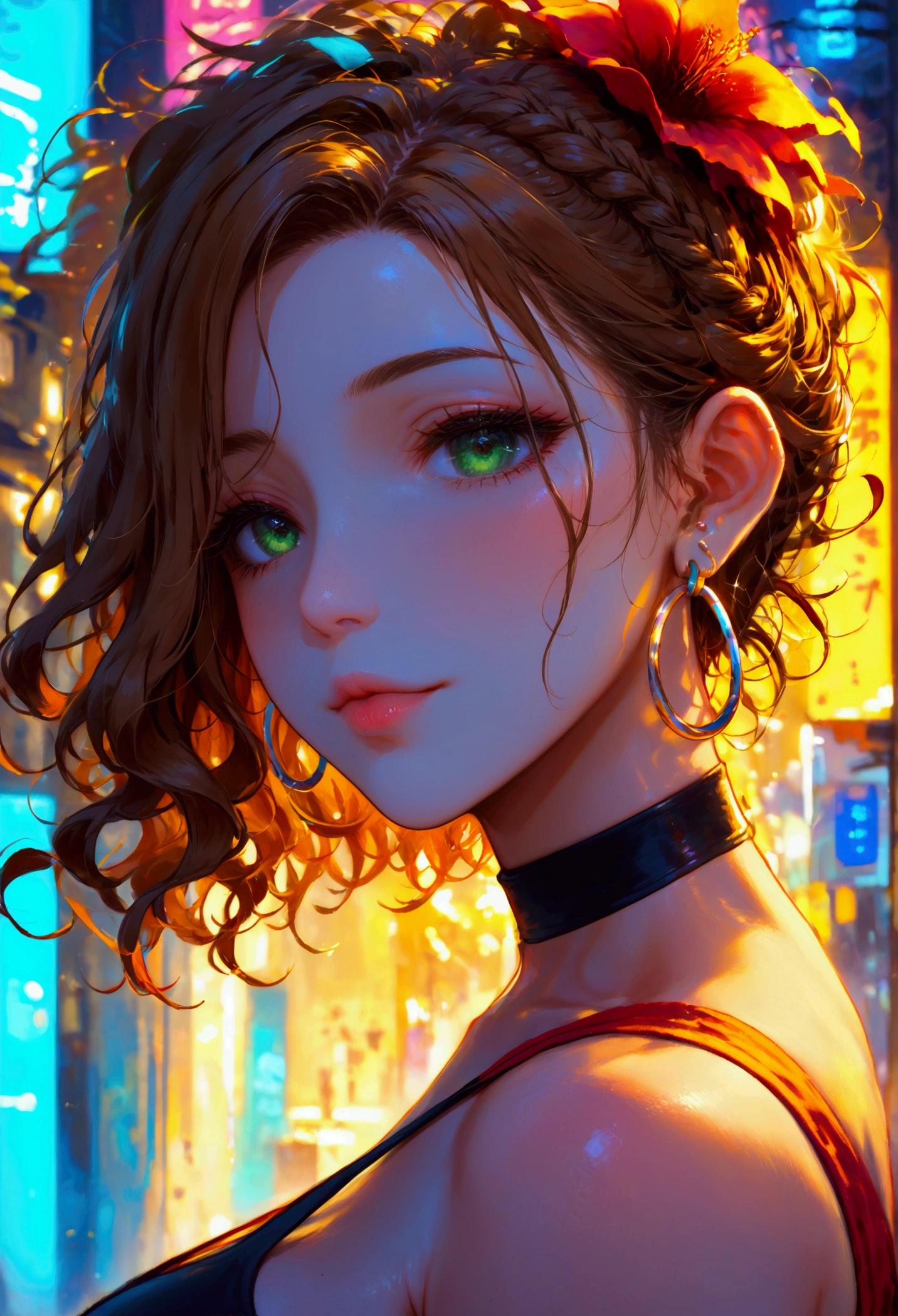 1girl, dark_wavy_hair_in_loose_curls, piercing_green_eyes, caramel_skin, athletic_and_curvaceous_build, wearing_a_neon_crop_top, high-waisted_shorts, chunky_hoop_earrings, vibrant_neon_background, bold_and_dynamic_pose, masterpiece, 4K, close_up