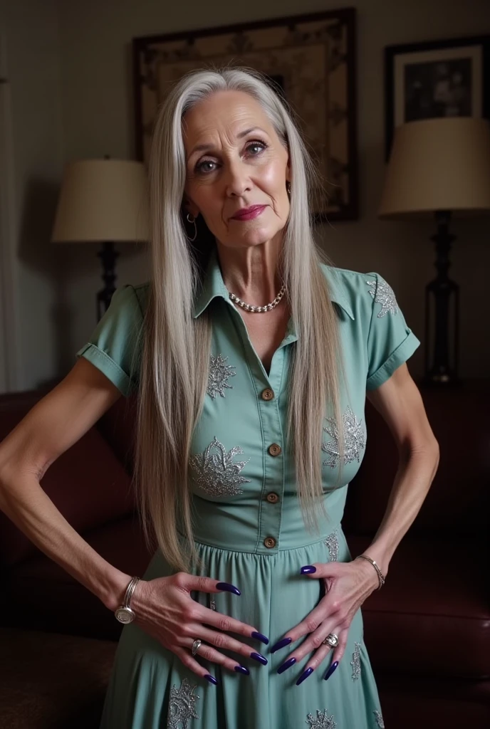 A real photograph of a stunningly beautiful elderly++++ grandmother with a very thin body and huge monstrous tits. Her fingernails are perfectly manicured and are extremely long and painted blue. The fingers and fingernails are perfectly shaped. She has a radiant and beautiful smile as she looks through the camera while standing in the living room. She is wearing a collard short sleeve flared skirt shirtwaist print dress. She has long greying hair and is standing with both hands on her hips with her fingernails visible. The background is complex. Her fingernails are super long.