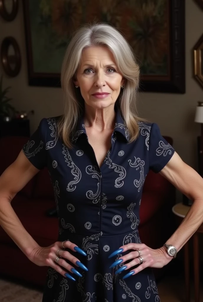 A real photograph of a stunningly beautiful elderly++++ grandmother with a very thin body and huge monstrous tits. Her fingernails are perfectly manicured and are extremely long and painted blue. The fingers and fingernails are perfectly shaped. She has a radiant and beautiful smile as she looks through the camera while standing in the living room. She is wearing a collard short sleeve flared skirt shirtwaist print dress. She has long greying hair and is standing with both hands on her hips with her fingernails visible. The background is complex. Her fingernails are super long.