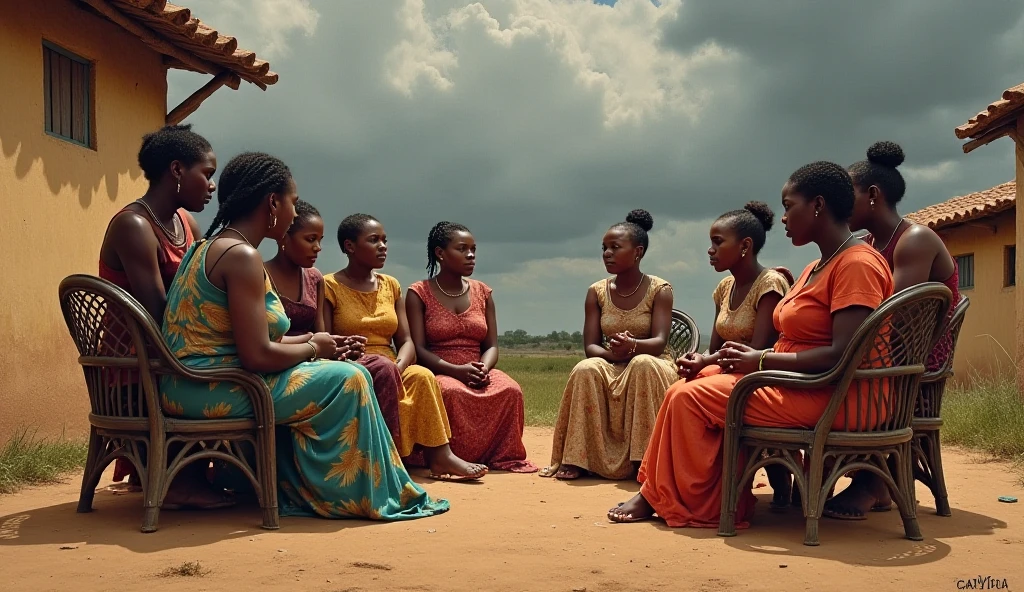 Education and Outreach Initiatives: Photorealistic. Create comprehensive educational programs and hands-on workshops designed to empower the African community through the integration of permaculture principles and practices. Conduct proactive outreach endeavors to disseminate valuable knowledge to neighboring communities, fostering a collaborative environment that encourages the widespread adoption of sustainable practices. The image should have 5 men and 3 women. The women should be feminine and the men should be masculine.