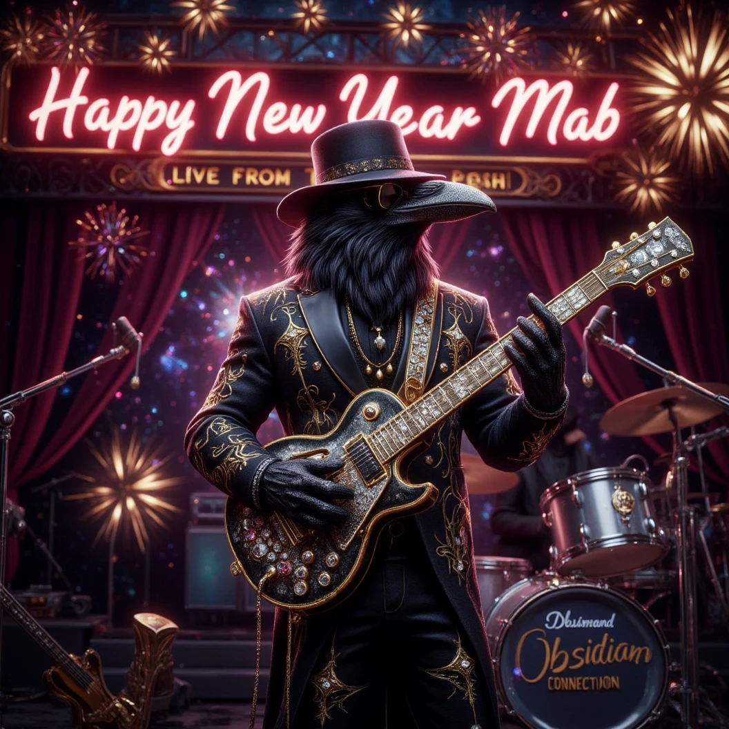 Muscular Anthropomorphic raven donned in intricate black suit with gold trim made of diamonds and a black diamond fedora. Diamonds cover his beak. Wears large sunglasses. Lead singer and electric guitar player of a jazz band at a high end jazz club. Uses a retro style microphone while playing his guitar. Behind the open air stage, fireworks burst. The words "Happy New Year MAB, Live from The Pearl" in a big neon sign. The base drum reads "Obsidian Rhythm Connection". Dynamic jazz band scene, dynamic pose, High Resolution, Masterpiece, Cinematic, Character Design, Hyperdetailed, Cinematography,  cinematic lighting, Depth Of Field, Sparkle, Ray Tracing, Image Fill, Dynamic Pose, old fashion microphone 