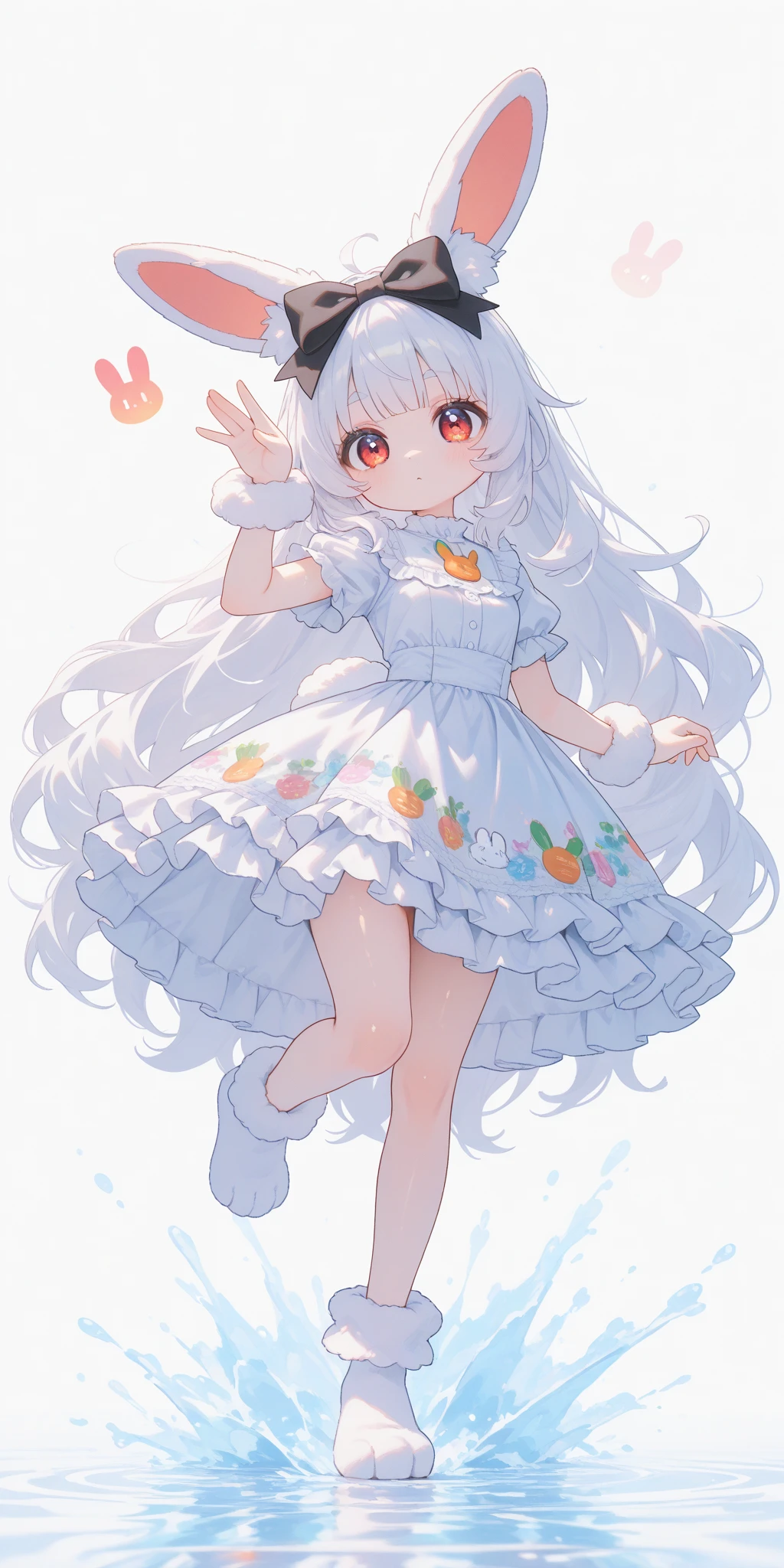 (solo:1.2),1girl\(chibi,cute,kawaii,(white hair:1.4),(very long hair:1.6),bangs,(ear\(fluffy,white,rabbit-ear\):1.4),red eye,big eye,beautiful shiny eye,detailed pupils,skin color white,big black hairbow\(with print\),(cute white frilled silky dress:1.3),breast,cute pose,cute hand sign,korean idol pose,cute symbol in eye,wrist fur,rabbit-tail,shiny skin,shiny hair,full body,1r1d3sc3nc3\),colorful roses,beautiful water splash,beautiful day,close-up girl,3d,(((dynamic pose))),masterpiece,best quality,newest,dynamic angle