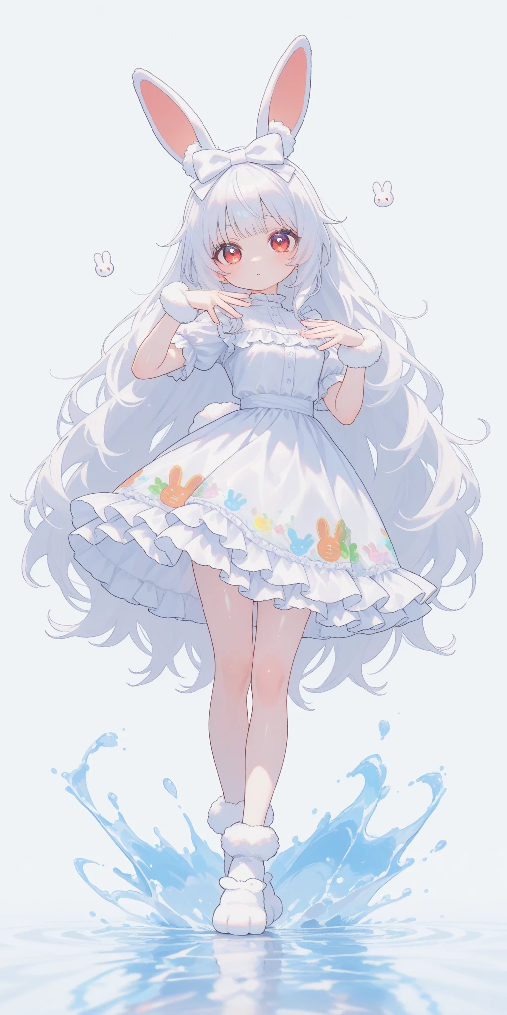 (solo:1.2),1girl\(chibi,cute,kawaii,(white hair:1.4),(very long hair:1.6),bangs,(ear\(fluffy,white,rabbit-ear\):1.4),red eye,big eye,beautiful shiny eye,detailed pupils,skin color white,big black hairbow\(with print\),(cute white frilled silky dress:1.3),breast,cute pose,cute hand sign,korean idol pose,cute symbol in eye,wrist fur,rabbit-tail,shiny skin,shiny hair,full body,1r1d3sc3nc3\),colorful roses,beautiful water splash,beautiful day,close-up girl,3d,(((dynamic pose))),masterpiece,best quality,newest,dynamic angle