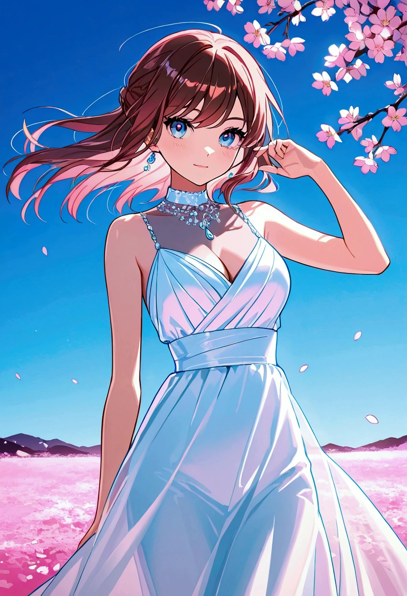 a beautiful woman with long, floating hair standing outdoors in a field of sakura blossoms on a windy evening, wearing a see-through evening dress that reveals her cleavage, looking directly at the viewer with bright, detailed eyes and a dynamic pose, photographed with cinematic lighting and extreme, fine detail