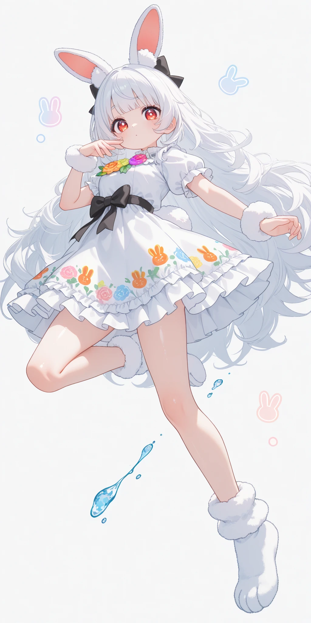 (solo:1.2),1girl\(chibi,cute,kawaii,(white hair:1.4),(very long hair:1.6),bangs,(ear\(fluffy,white,rabbit-ear\):1.4),red eye,big eye,beautiful shiny eye,detailed pupils,skin color white,big black hairbow\(with print\),(cute white frilled silky dress:1.3),breast,cute pose,cute hand sign,korean idol pose,cute symbol in eye,wrist fur,rabbit-tail,shiny skin,shiny hair,full body,1r1d3sc3nc3\),colorful roses,beautiful water splash,beautiful day,close-up girl,3d,(((dynamic pose))),masterpiece,best quality,newest,dynamic angle