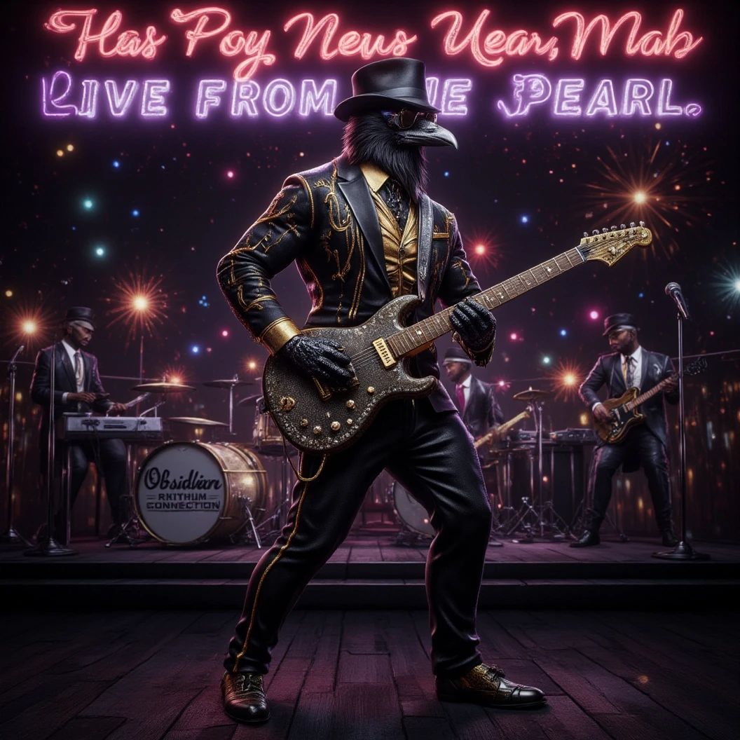 Muscular Anthropomorphic raven donned in intricate black suit with gold trim made of diamonds and a black diamond fedora. Diamonds cover his beak. Wears large sunglasses. Lead singer and electric guitar player of a jazz band at a high end jazz club. Uses a retro style microphone while playing his guitar. Behind the open air stage, fireworks burst. The words "Happy New Year MAB, Live from The Pearl" in a big neon sign. The base drum reads "Obsidian Rhythm Connection". Dynamic jazz band scene, dynamic pose, High Resolution, Masterpiece, Cinematic, Character Design, Hyperdetailed, Cinematography,  cinematic lighting, Depth Of Field, Sparkle, Ray Tracing, Image Fill, Dynamic Pose, old fashion microphone 