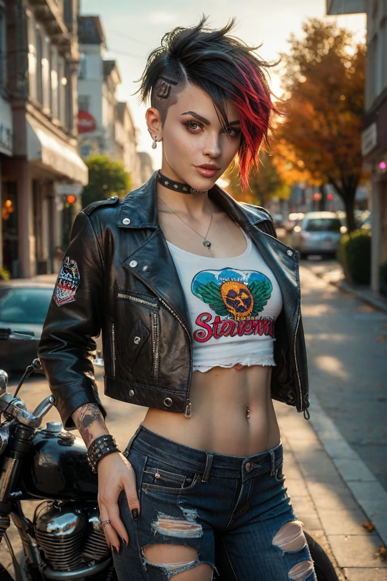 photo, photorealistic, (white punk womman:1.4) (colleen barrett:1.4), 20 years old, wearing scuffed distressed leather jacket with hand painted band logos, (chubby:1.4), (very large chest:1.4), (white t-shirt untucked:1.4), skull logo on t-shirt, red dyed side cut, faded jeans rolled up over boots, black combat boots, standing in front of a bodega, smirk, twinkle in eye, plaid shirt tied around waist, no makeup, (geometric tribal tattoos:1.4)
urban neighborhood, walk up row houses, late afternoon sun, Canon EOS, bokeh, hyper detailed, hyperrealistic, chicago suburb