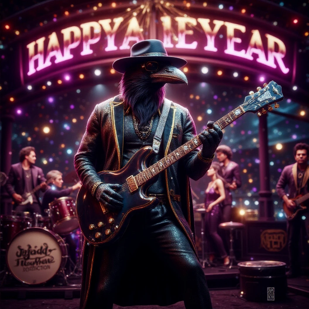 Muscular Anthropomorphic raven donned in intricate black suit with gold trim made of diamonds and a black diamond fedora. Diamonds cover his beak. Wears large sunglasses. Lead singer and electric guitar player of a jazz band at a high end jazz club. Uses a retro style microphone while playing his guitar. Behind the open air stage, fireworks burst. The words "Happy New Year MAB, Live from The Pearl" in a big neon sign. The base drum reads "Obsidian Rhythm Connection". Dynamic jazz band scene, dynamic pose, High Resolution, Masterpiece, Cinematic, Character Design, Hyperdetailed, Cinematography,  cinematic lighting, Depth Of Field, Sparkle, Ray Tracing, Image Fill, Dynamic Pose, old fashion microphone 