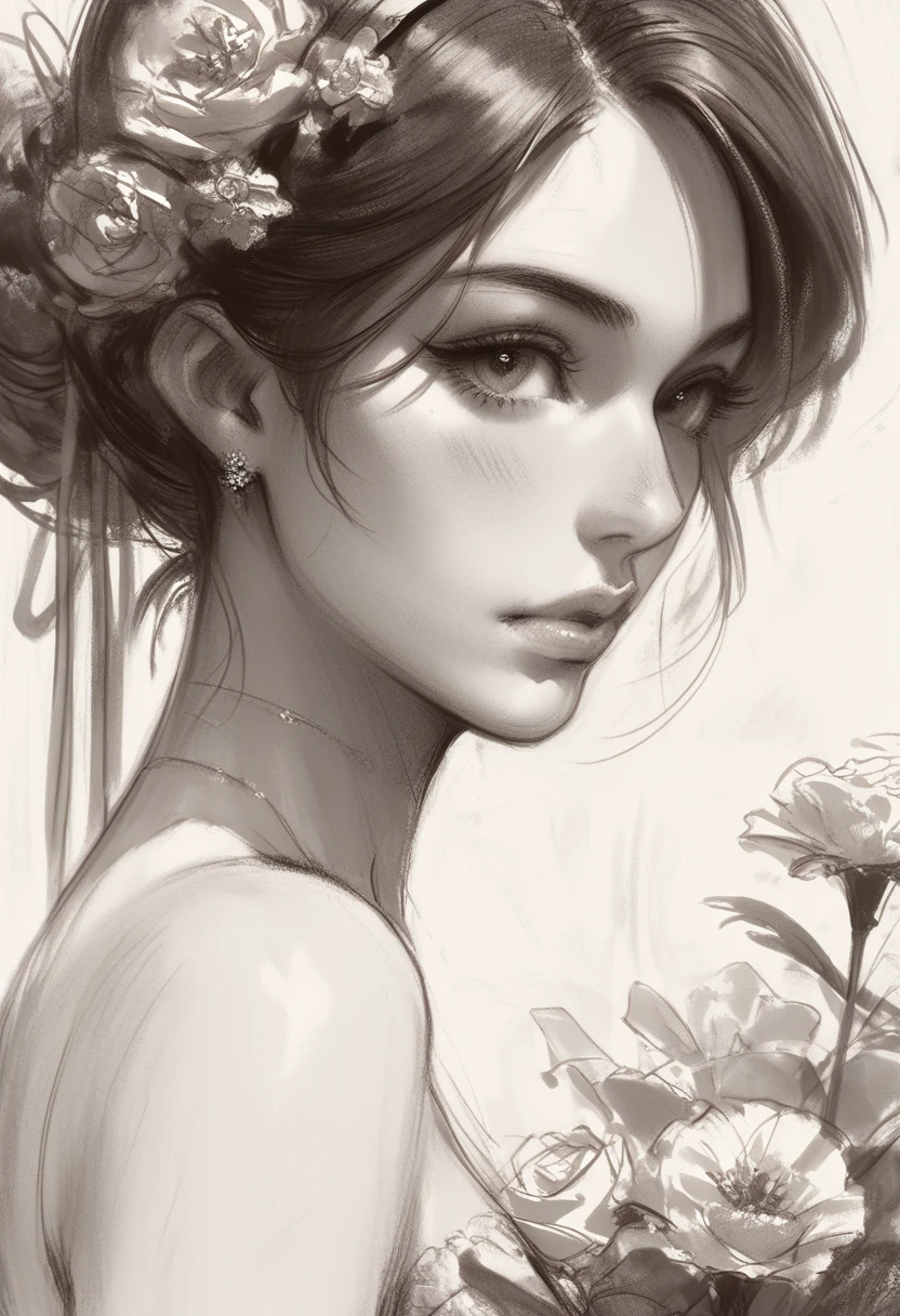 score_9, score_8_up, score_7_up, 1girl, sketch, detailed background, masterpiece, beautiful illustration, girl, sketch, flowers