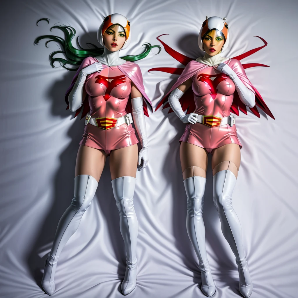 ANI_CLASSIC_jun_gatchaman_ownwaifu,1girl, ,good anatomy, masterpiece, best quality,realistic, hyperrealistic, 16k hdr, long hair,breasts,green eyes,lips,large breasts,lipstick,makeup,gloves,cape,helmet,belt,elbow gloves,white gloves,mask,ultra miniskirt,leotard,spacesuit,white tight overknee highheels boots,pink dress,superhero,bodysuit,cleavage,erected nipples,(lying flat poses, view from above),cameltoe,full body
