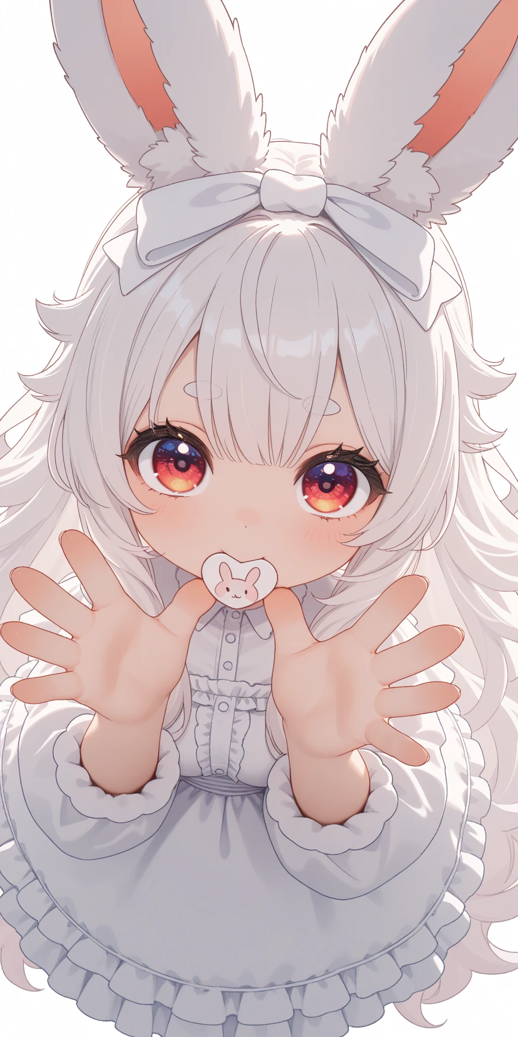 solo,1girl\((chibi:1.5),cute,kawaii,(white hair:1.4),(very long hair:1.6),bangs,(ear\(fluffy,white,rabbit-ear\):1.4),red eye,big eye,beautiful shiny eye,skin color white,big hairbow,(white frilled dress:1.3),breast,cute pose,cute hand sign\),background\(some roses,by the beautiful lake,((beautiful sunny day))\),,close-up girl,dynamic angle,3d,(((dynamic pose))),from above,masterpiece,best quality,newest,