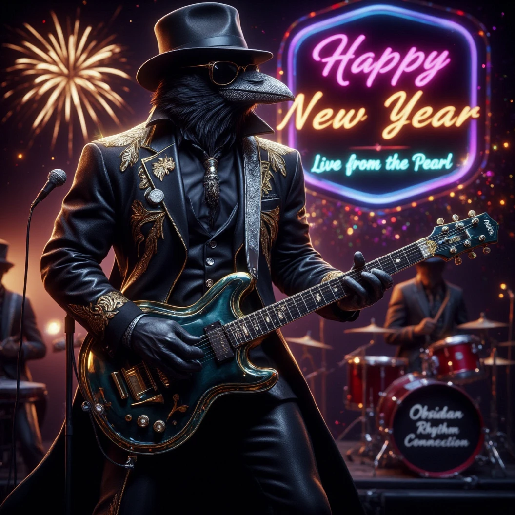 Muscular Anthropomorphic raven donned in intricate black suit with gold trim made of diamonds and a black diamond fedora. Diamonds cover his beak. Wears large sunglasses. Lead singer and electric guitar player of a jazz band at a high end jazz club. Uses a retro style microphone while playing his guitar. Behind the open air stage, fireworks burst. The words "Happy New Year MAB in a big neon sign, the words "Live From The Pearl" below in different colored neon letters. The base drum reads "Obsidian Rhythm Connection". Dynamic jazz band scene, dynamic pose, High Resolution, Masterpiece, Cinematic, Character Design, Hyperdetailed, Cinematography,  cinematic lighting, Depth Of Field, Sparkle, Ray Tracing, Image Fill, Dynamic Pose, old fashion microphone 