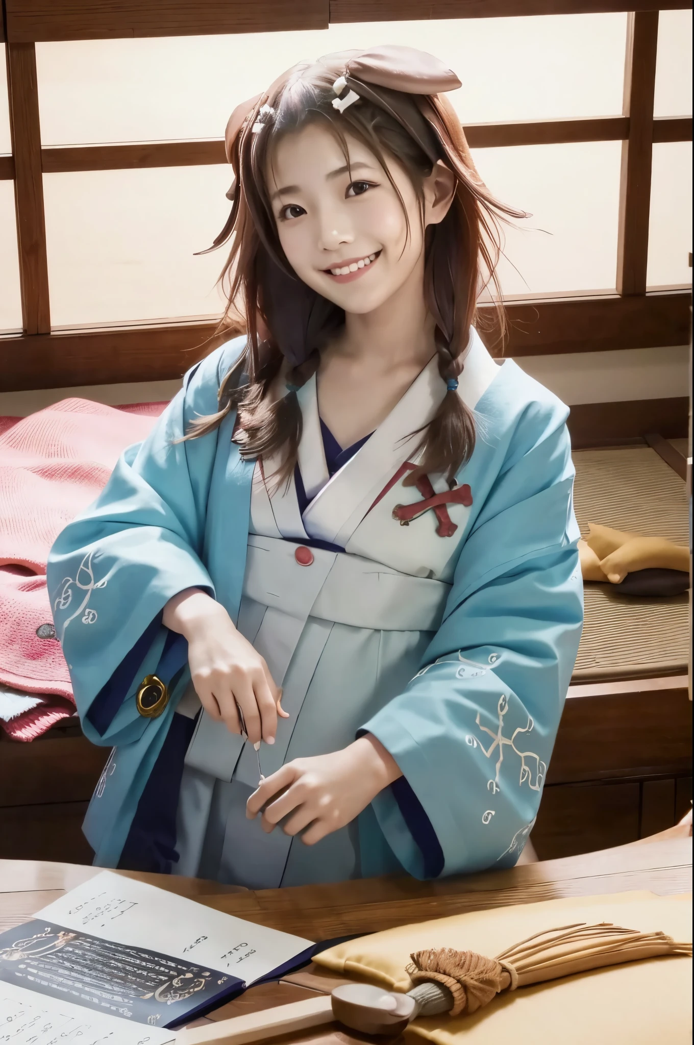     Japanese women, Japanese-style room ,   upright position ,kimono, COMPLETE ANATOMY  , top quality ,On the mattress,((( Hang your own hair by hand ))),(((smile)))