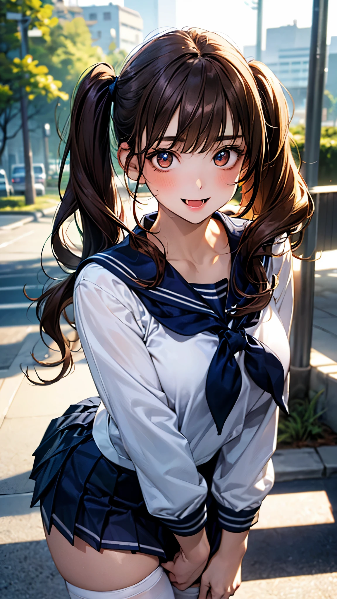 (masterpiece:1.2, top-quality), (realistic, photorealistic:1.4), beautiful illustration, (natural side lighting, movie lighting),
looking at viewer, cowboy shot, 1 girl, japanese, high school girl, perfect face, cute and symmetrical face, white skin, shiny skin,
(long hair, twintails, sidelocks, light brown hair), blunt bangs, brown eyes, long eye lasher, (large breasts), slender,
beautiful hair, beautiful face, beautiful detailed eyes, beautiful clavicle, beautiful body, beautiful chest, beautiful thigh, beautiful legs, beautiful fingers, (five fingers)
(detailed cloth texture, long sleeves navy sailor suit, navy pleated skirt, white sailor collar, red bowtie),
(beautiful scenery), summer, (school hallway), standing, (arms behind back), (smile, open mouth),