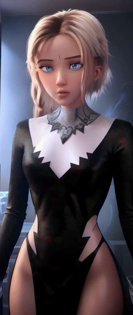 ghost spider, gwen in a black outfit with spider in the center of his chest in white, organic looking outfit, gooey forehead, symbiote, white eyes, fine art, ps5 cinematic screenshot,highly detailed detailed cinematic rendering, ultra photorealistic raytricing, with cinematic lighting