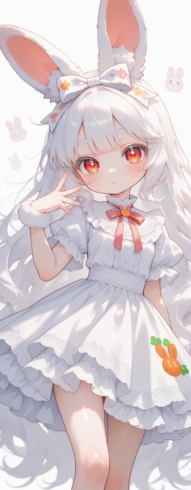 (solo:1.2),1girl\(chibi,cute,kawaii,(white hair:1.4),(very long hair:1.6),bangs,(ear\(fluffy,white,rabbit-ear\):1.4),red eye,big eye,beautiful shiny eye,detailed pupils,(skin color white), printed big black hairbow,(cute, delicate, white, frilled, silky, shiny, dress:1.3),breast,cute pose,cute hand sign,korean idol pose,(cute symbol in eye),wrist fur,shiny skin,shiny hair\),colorful roses,beautiful water splash,beautiful detailed background,close-up girl,3d,(((dynamic pose))),masterpiece,best quality,newest,dynamic angle