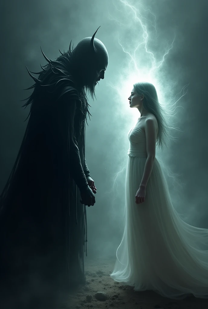 Hades kidnapping Persephone, taking her to the underworld, with a cold and inhospitable scene