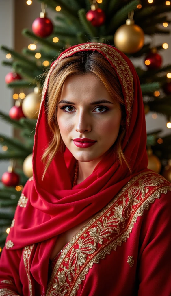 Arafed woman in a red sash with a christmas tree in the background