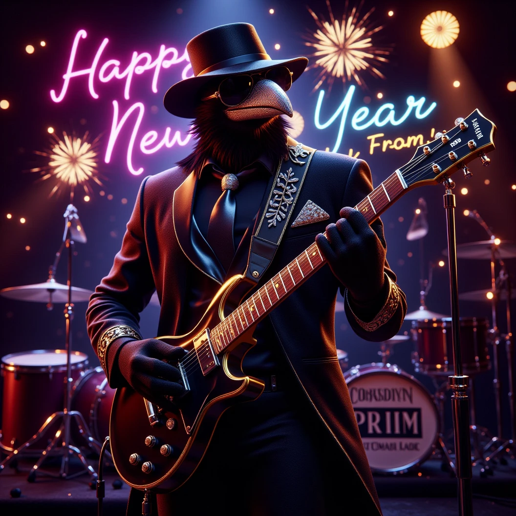 Muscular Anthropomorphic raven donned in intricate black suit with gold trim made of diamonds and a black diamond fedora. Diamonds cover his beak. Wears large sunglasses. Lead singer and electric guitar player of a jazz band at a high end jazz club. Uses a retro style microphone while playing his guitar. Behind the open air stage, fireworks burst. The words "Happy New Year MAB in a big neon sign, the words "Live From The Pearl" below in different colored neon letters. The base drum reads "Obsidian Rhythm Connection". Dynamic jazz band scene, dynamic pose, High Resolution, Masterpiece, Cinematic, Character Design, Hyperdetailed, Cinematography,  cinematic lighting, Depth Of Field, Sparkle, Ray Tracing, Image Fill, Dynamic Pose, old fashion microphone 