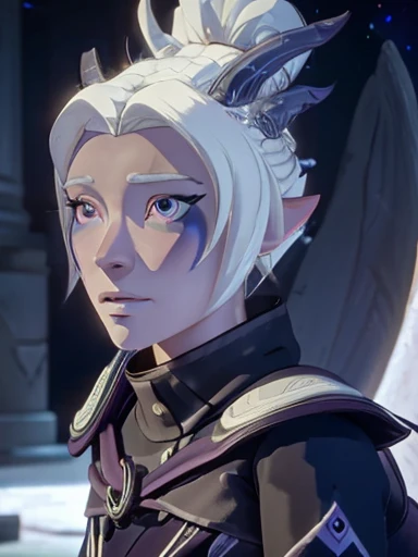 Moon Elf  , Rayla  , the Prince Dragon  ,  long platinum hair and angelic face ,  blue eyes pink cheeks full lips perfect dark and detailed makeup 8k,   looking at the spectator 