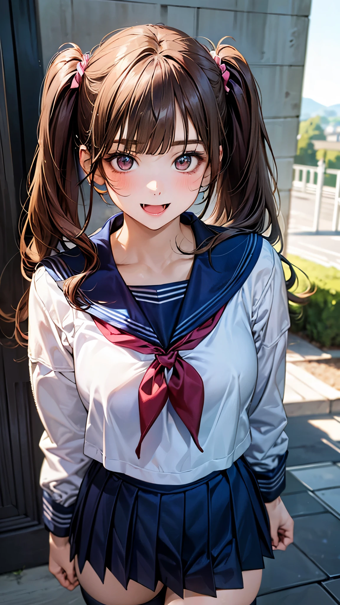 (masterpiece:1.2, top-quality), (realistic, photorealistic:1.4), beautiful illustration, (natural side lighting, movie lighting), nsfw,
looking at viewer, 1 girl, japanese, high school girl, perfect face, cute and symmetrical face, shiny skin,
(long hair:1.7, (two side up:1.4), black hair), blunt bangs, swept bang, purple eyes, long eye lasher, (medium breasts), slender, light red hair ribbon,
beautiful hair, beautiful face, beautiful detailed eyes, beautiful clavicle, beautiful body, beautiful chest, beautiful thigh, beautiful legs, beautiful fingers,
((long sleeves white cute sailor fuku, navy sailor collar, navy pleated skirt, dark neck ribbon, black choker)), bring light pink hand bag,
(beautiful scenery), evening, (school rooftop), sitting bench, pink lunch box on the thighs, (lovely smile, upper eyes),