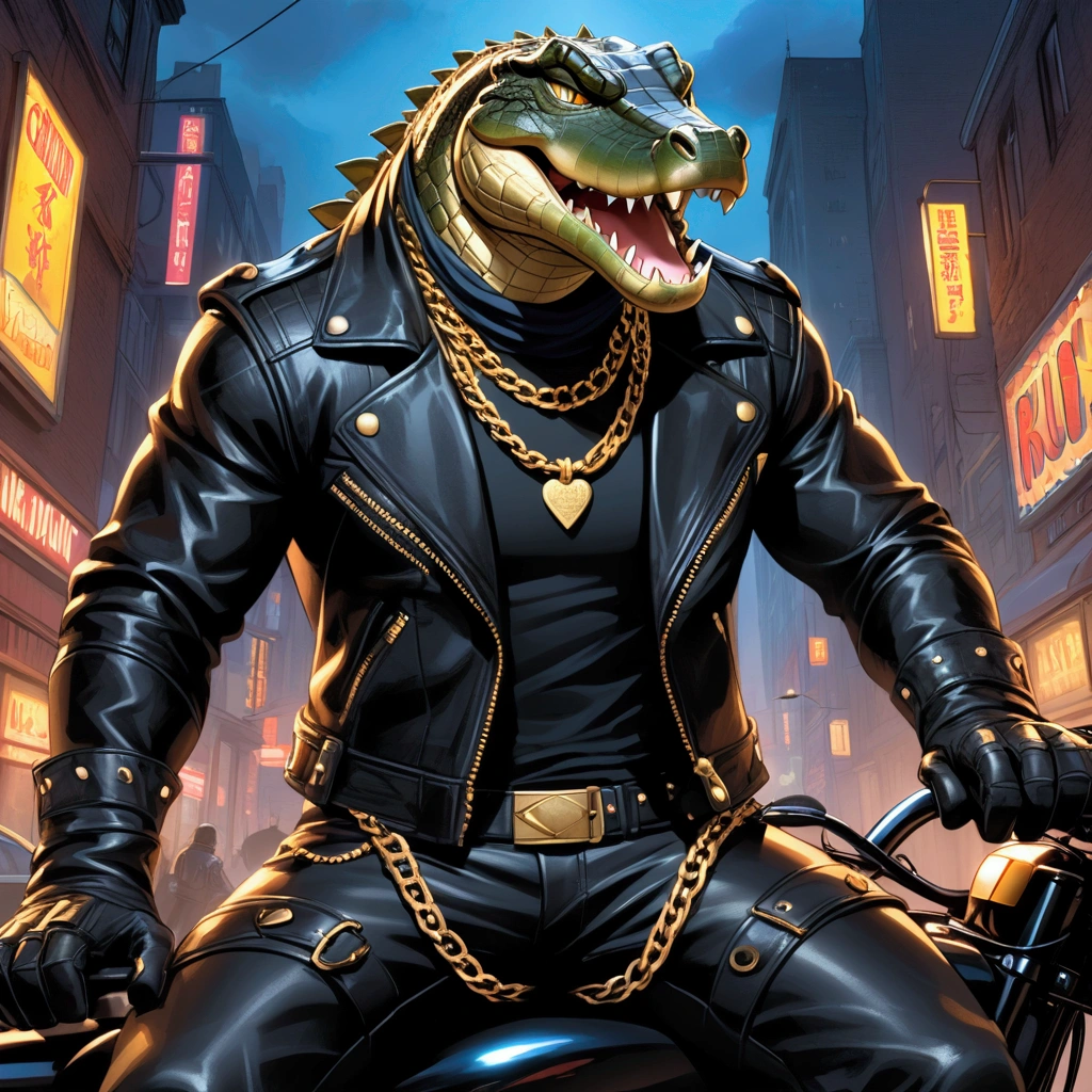 (masterpiece, best quality, high quality, highres:1.4), detailed, extremely detailed, ambient soft lighting, 4K, by (by Pino Daeni, (by ruaidri), yupa, kiyosan,(by meesh), (by sollyz) (by fffffolder)), (cuban crocodile: ( hunk, athletic, crocodile, yellow body, scales, athletic muscle, anthro legs, (crocodile feet) (((solo))), green eyes, (detailed eyes), crocodile tail, bare_shoulders , (((angry_face))), (clothing, (topwear: (open jacket), handwear:(gloves: fingerless), bottomwear:(jeans:black, leather boots))),standing) tag:1boy)) ,(((night))), (((inside car)))