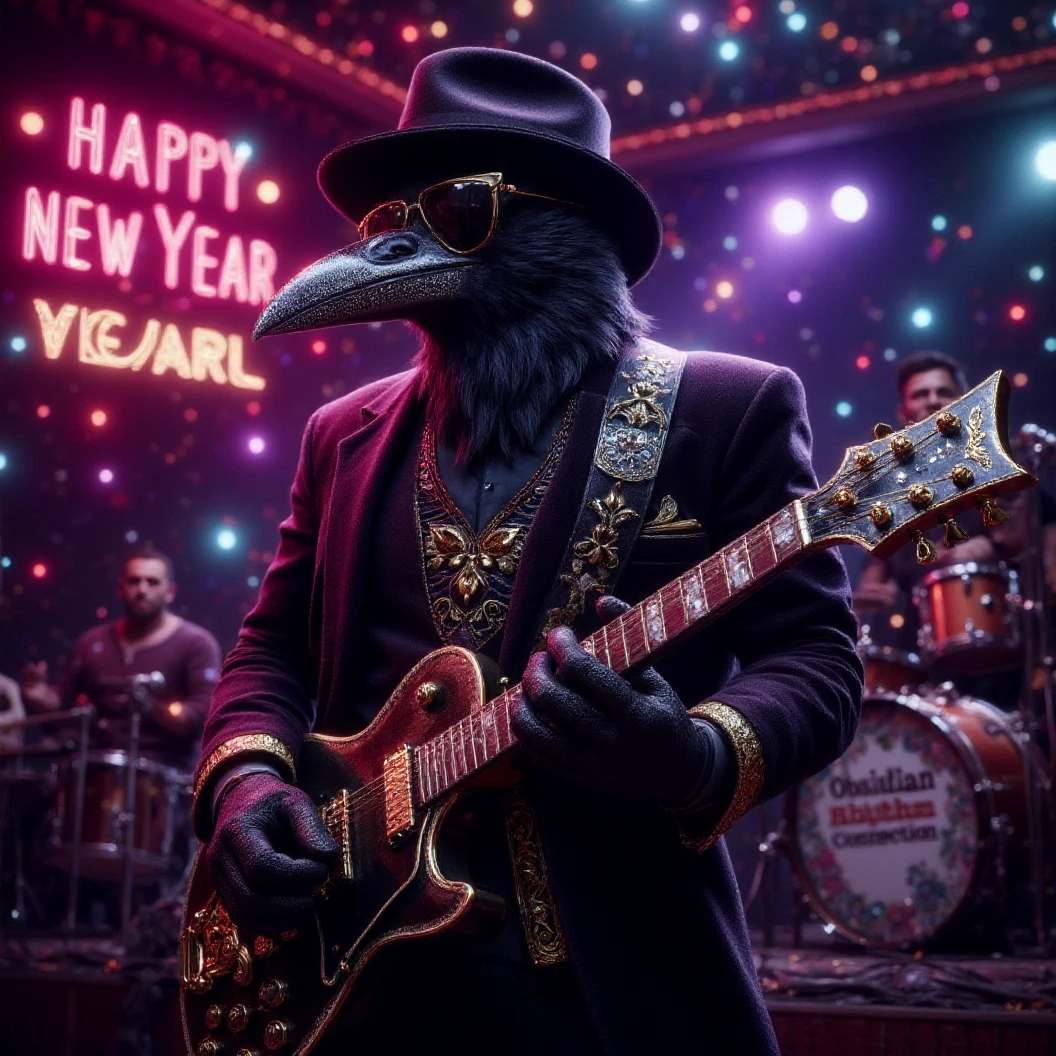 Muscular Anthropomorphic raven donned in intricate black suit with gold trim made of diamonds and a black diamond fedora. Diamonds cover his beak. Wears large sunglasses. Lead singer and electric guitar player of a jazz band at a high end jazz club. Uses a retro style microphone while playing his guitar. Behind the open air stage, fireworks burst. The words "Happy New Year MAB in a big neon sign, the words "Live From The Pearl" below in different colored neon letters. The base drum reads "Obsidian Rhythm Connection". Dynamic jazz band scene, dynamic pose, High Resolution, Masterpiece, Cinematic, Character Design, Hyperdetailed, Cinematography,  cinematic lighting, Depth Of Field, Sparkle, Ray Tracing, Image Fill, Dynamic Pose, old fashion microphone 