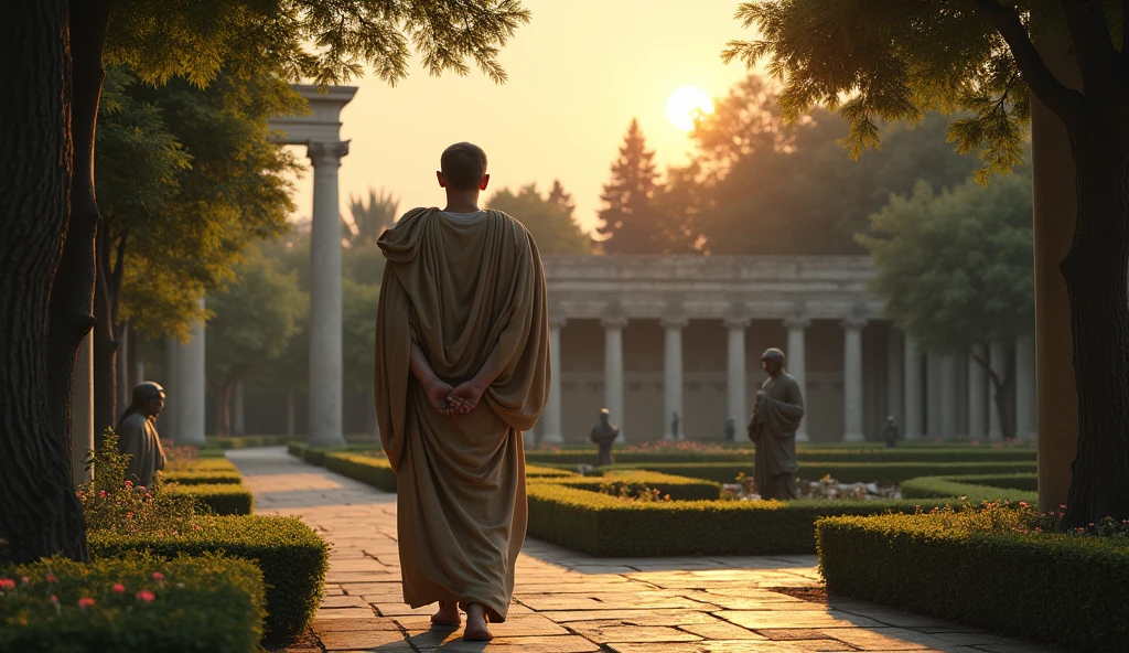 The scene shifts to a serene Roman courtyard where the philosopher walks slowly along a pathway lined with tall, marble columns. His tunic flows behind him as he holds a scroll tightly, signifying responsibility. A fountain in the background softly bubbles, and flowers bloom around it, symbolizing growth. The philosopher’s gaze is calm and determined, reflecting his realization that true power lies within. The sunlight highlights his well-defined features and muscular build, with the open tunic emphasizing his strength. The setting reinforces the concept of taking control of one's life with dignity and grace. Photorealistic