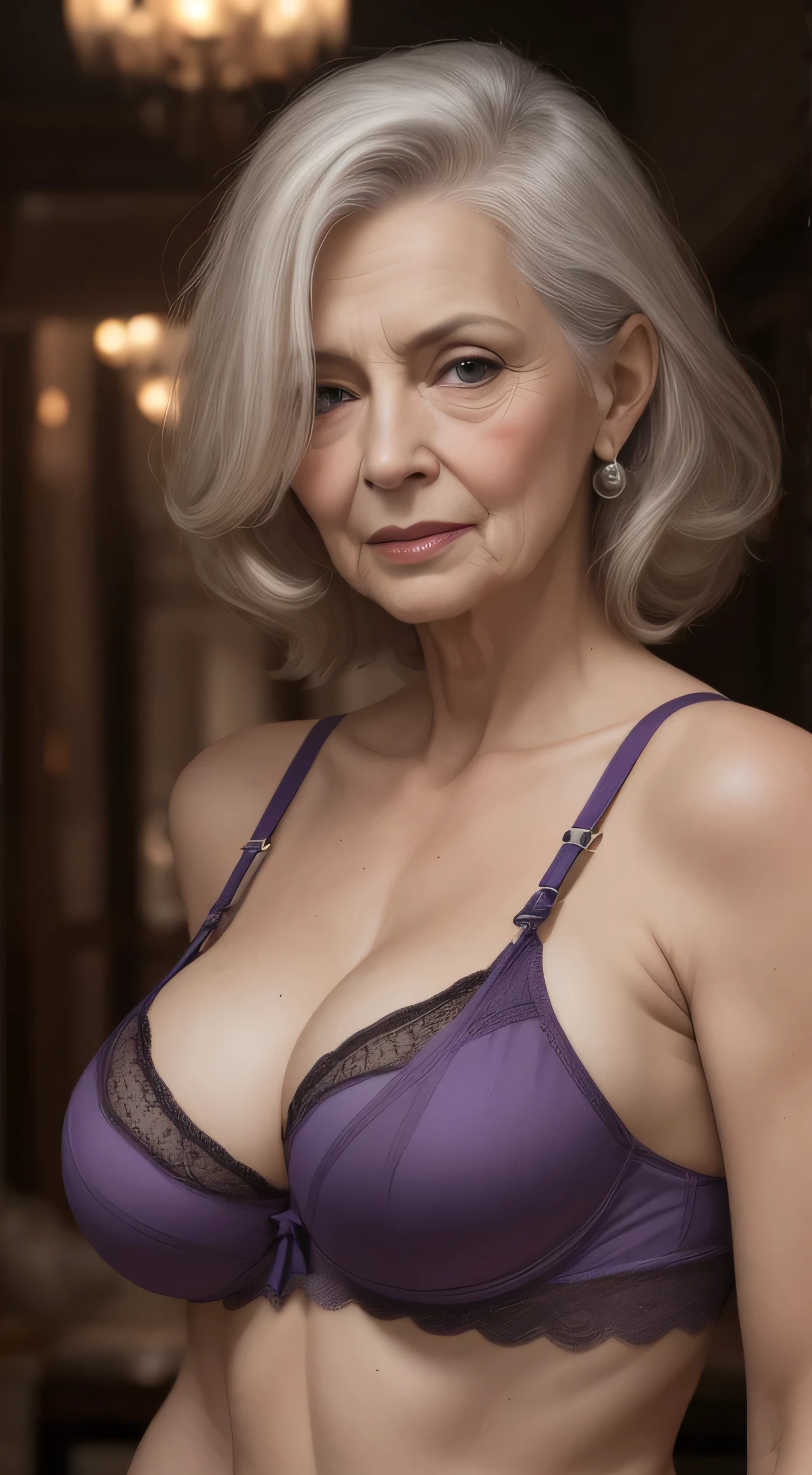 Mature old woman 80 years with white straigt hair, plus size, old face and body with many wrinkles, smiling, loose skin, standing at bedroom posing for photo, She wearing satin purple robe with large neclane and black lace stockings, side view. jaw dropping mature older beauty, old face and body with wrinkles, old face, attractive grandma, a gorgeous old hair, beautiful old grandma, lovely older mature grandma, gorgeous beautiful grandma over 80 years old, beautiful white hair grandma, beautiful detailed body and face, a beautiful old granny