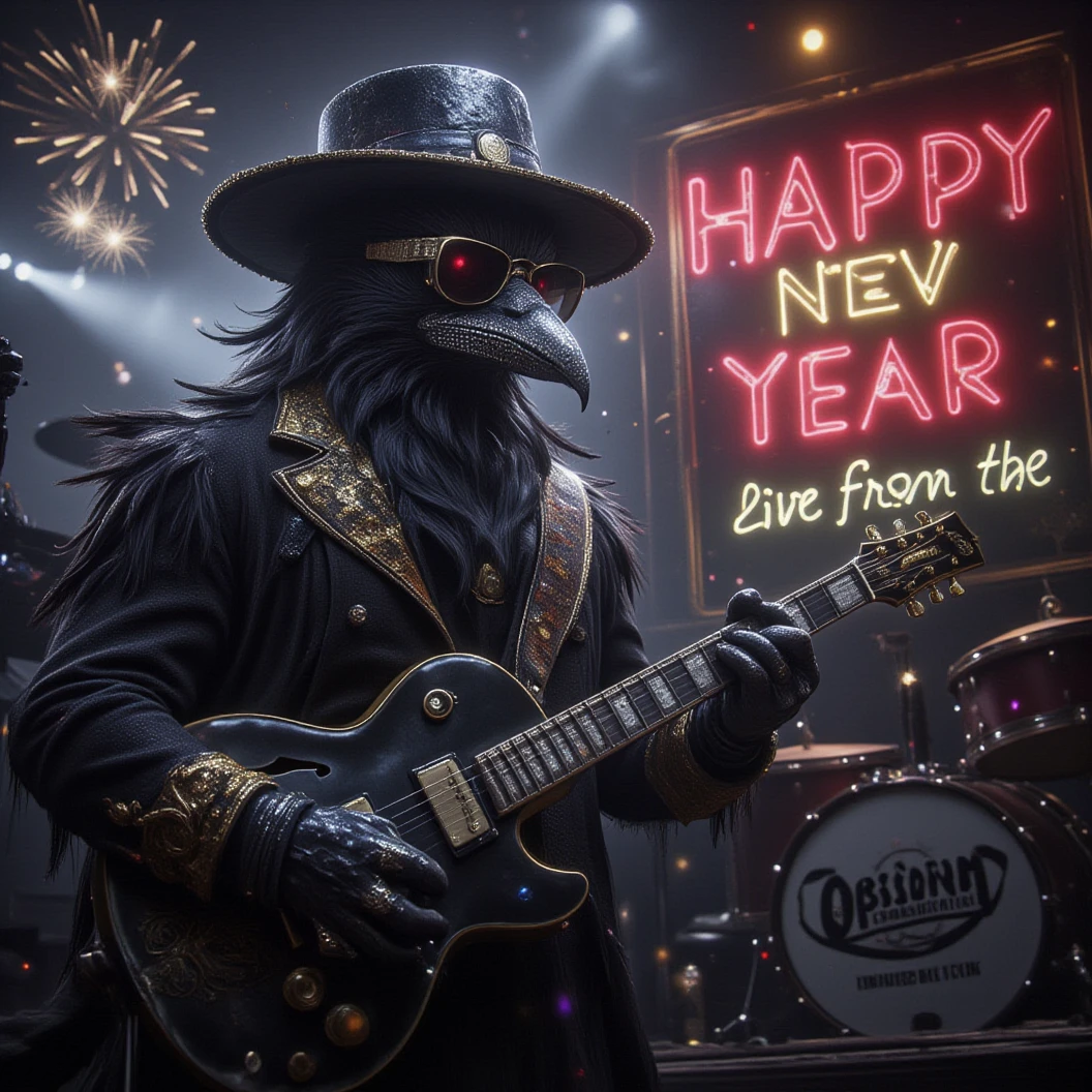 Muscular Anthropomorphic raven donned in intricate black suit with gold trim made of diamonds and a black diamond fedora. Diamonds cover his beak. Wears large sunglasses. Lead singer and electric guitar player of a jazz band at a high end jazz club. Uses a retro style microphone while playing his guitar. Behind the open air stage, fireworks burst. The words "Happy New Year MAB in a big neon sign, the words "Live From The Pearl" below in different colored neon letters. The base drum reads "Obsidian Rhythm Connection". Dynamic jazz band scene, dynamic pose, High Resolution, Masterpiece, Cinematic, Character Design, Hyperdetailed, Cinematography,  cinematic lighting, Depth Of Field, Sparkle, Ray Tracing, Image Fill, Dynamic Pose, old fashion microphone 