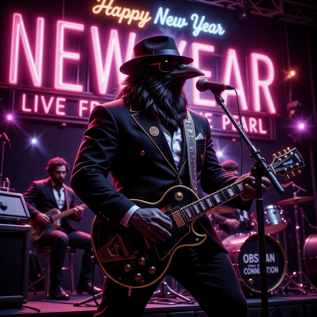 Muscular Anthropomorphic raven donned in intricate black suit with gold trim made of diamonds and a black diamond fedora. Diamonds cover his beak. Wears large sunglasses. Lead singer and electric guitar player of a jazz band at a high end jazz club. Uses a retro style microphone while playing his guitar. Behind the open air stage, fireworks burst. The words "Happy New Year MAB in a big neon sign, the words "Live From The Pearl" below in different colored neon letters. The base drum reads "Obsidian Rhythm Connection". Dynamic jazz band scene, dynamic pose, High Resolution, Masterpiece, Cinematic, Character Design, Hyperdetailed, Cinematography,  cinematic lighting, Depth Of Field, Sparkle, Ray Tracing, Image Fill, Dynamic Pose, old fashion microphone 