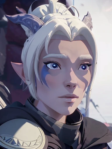 Moon Elf  , Rayla  , the Prince Dragon  ,  long platinum hair and angelic face ,  blue eyes pink cheeks full lips perfect dark and detailed makeup 8k,   looking at the spectator 