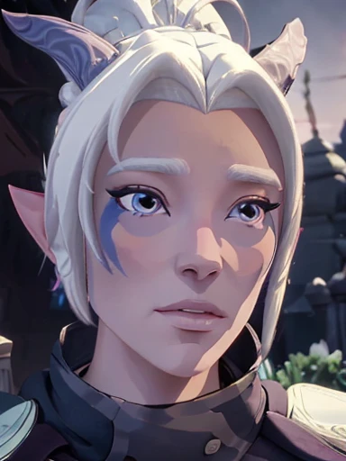 Moon Elf  , Rayla  , the Prince Dragon  ,  long platinum hair and angelic face ,  blue eyes pink cheeks full lips perfect dark and detailed makeup 8k,   looking at the spectator ,  realistic  