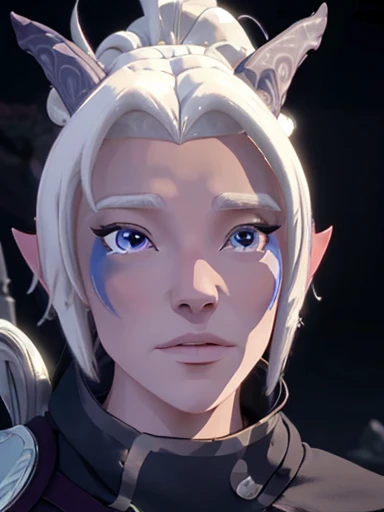 Moon Elf  , Rayla  , the Prince Dragon  ,  long platinum hair and angelic face ,  blue eyes pink cheeks full lips perfect dark and detailed makeup 8k,   looking at the spectator ,  realistic  