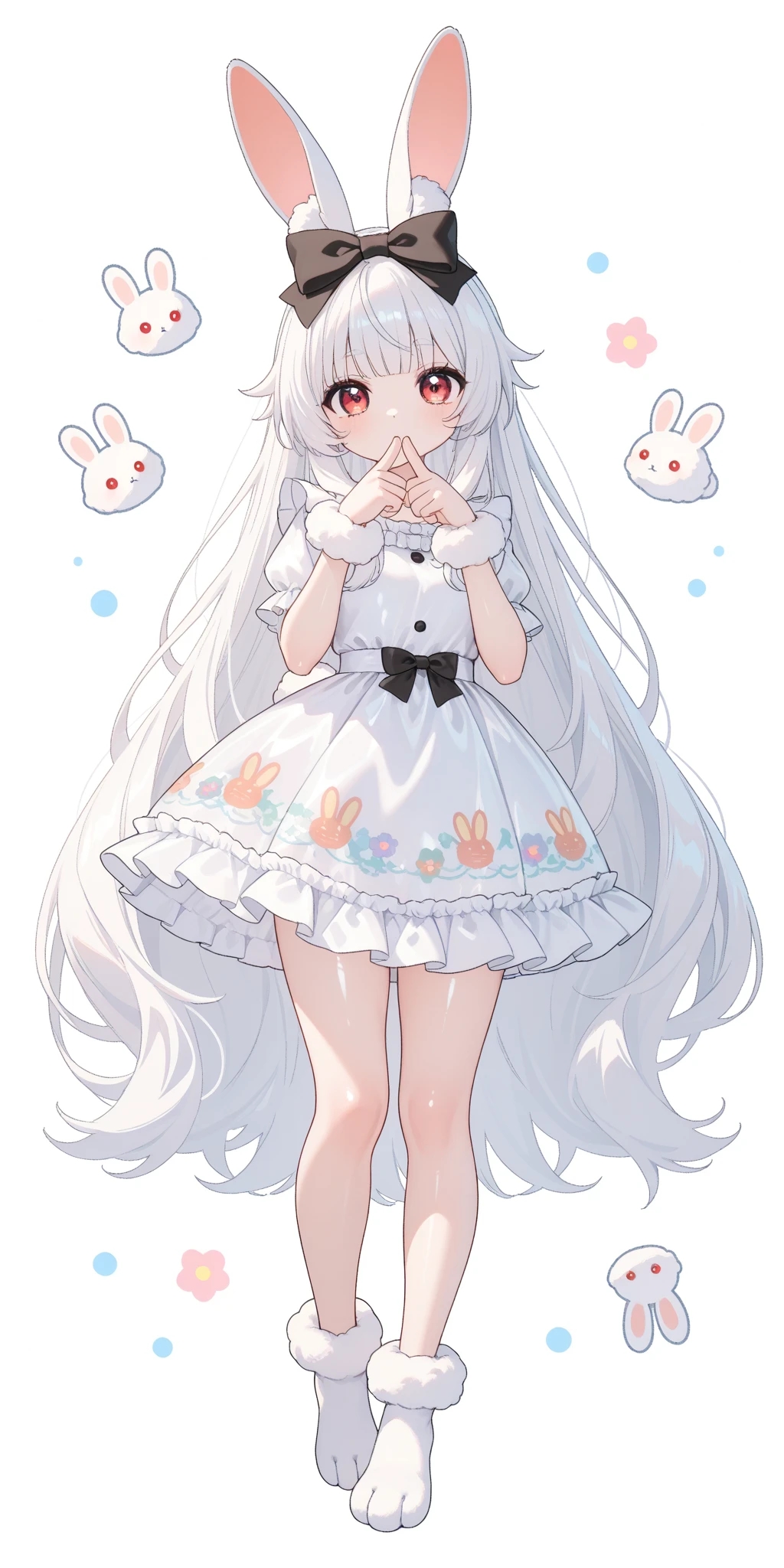 (solo:1.2),1girl\(chibi,cute,kawaii,(white hair:1.4),(very long hair:1.6),bangs,(ear\(fluffy,white,rabbit-ear\):1.4),red eye,big eye,beautiful shiny eye,detailed pupils,skin color white,big black hairbow\((with print:1.2)\),(cute white frilled silky shiny dress:1.3),breast,cute pose,cute hand sign,korean idol pose,(cute symbol in eye),wrist fur,rabbit-tail,shiny skin, metallic shiny detailed hair,full body,1r1d3sc3nc3\),colorful roses blooming, beautiful water drops,cute fairy tale background,close-up girl,3d,(((dynamic pose))),masterpiece,best quality,newest,dynamic angle