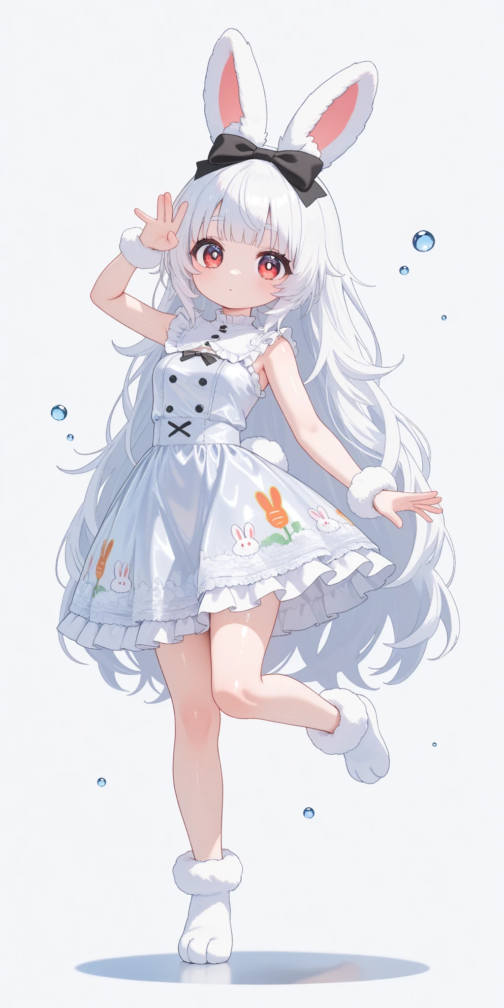 (solo:1.2),1girl\(chibi,cute,kawaii,(white hair:1.4),(very long hair:1.6),bangs,(ear\(fluffy,white,rabbit-ear\):1.4),red eye,big eye,beautiful shiny eye,detailed pupils,skin color white,big black hairbow\((with print:1.2)\),(cute white frilled silky shiny dress:1.3),breast,cute pose,cute hand sign,korean idol pose,(cute symbol in eye),wrist fur,rabbit-tail,shiny skin, metallic shiny detailed hair,full body,1r1d3sc3nc3\),colorful roses blooming, beautiful water drops,cute fairy tale background,close-up girl,3d,(((dynamic pose))),masterpiece,best quality,newest,dynamic angle