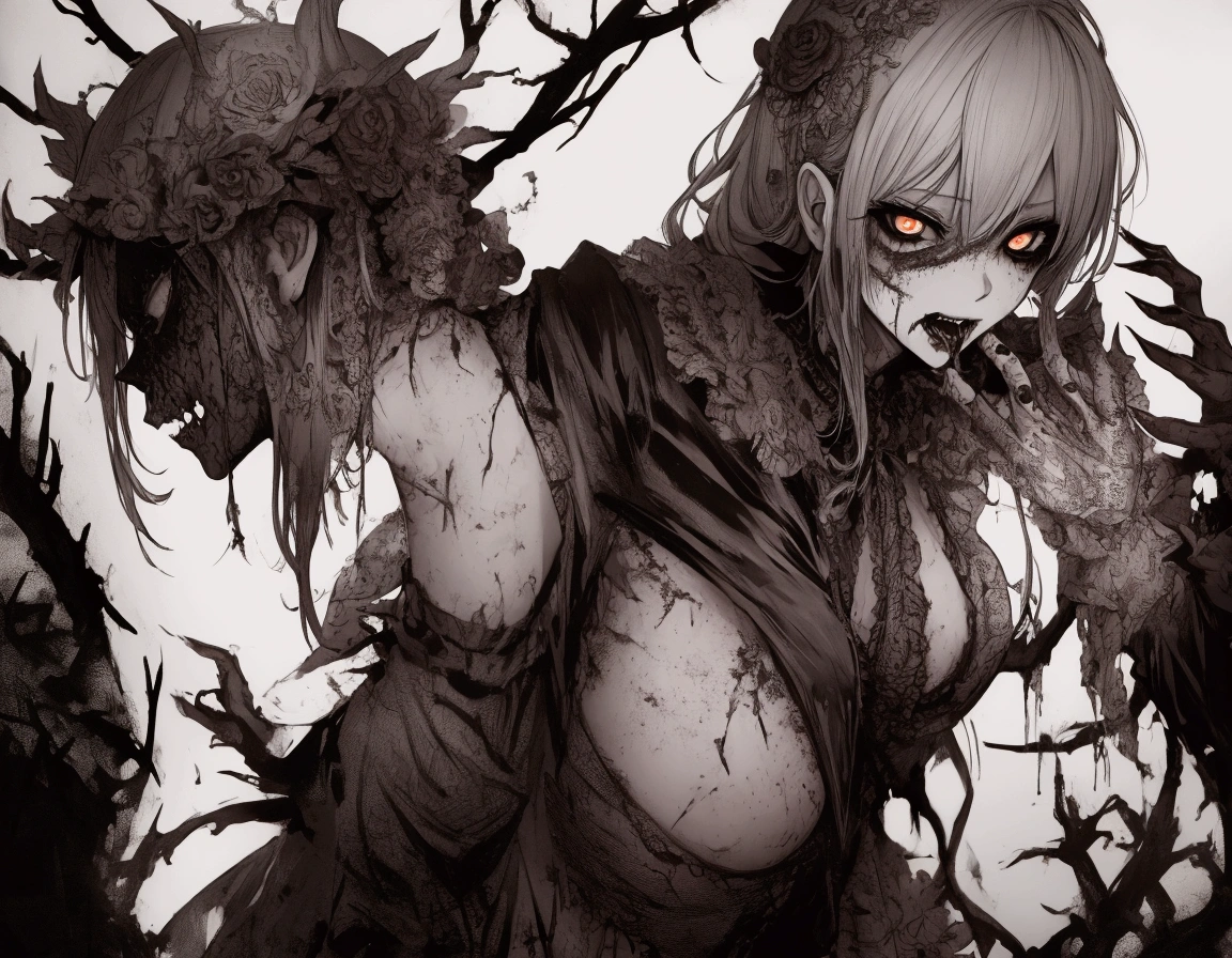 inhuman face ,lot of teeth, fat and terrible monster, right hand tentacle, more hands and claws grow from the hand. vile body, Dark gloomy forest, big bloody eyes. horns all over the body, High quality, Best quality, detailed dark environment, bloody environment