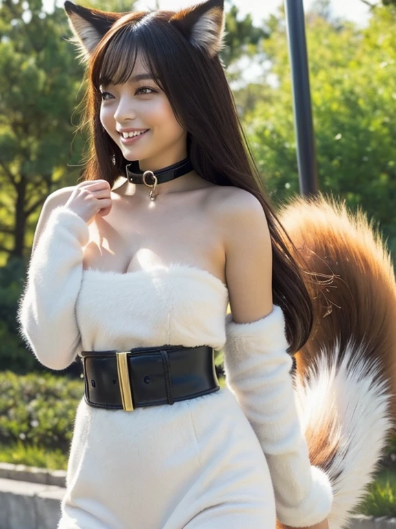 ((best quality)), ((masterpiece)), (detailed), perfect face, fox lady, pretty woman, public, A tail is growing, She has a fluffy tail, She has a fox tail, She wags her tail, smile, collar and leash, She only has one tail, 太い太もも
