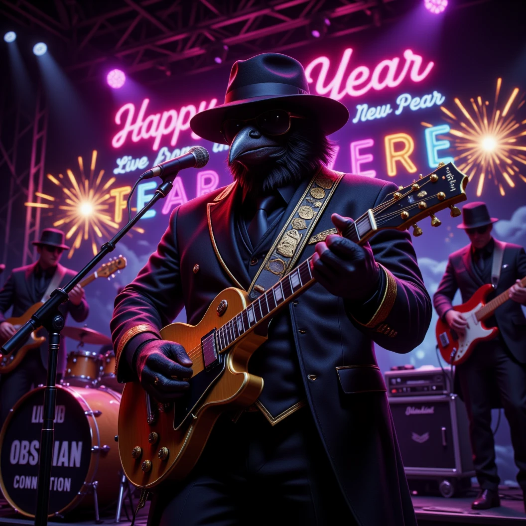 Muscular Anthropomorphic raven donned in intricate black suit with gold trim made of diamonds and a black diamond fedora. Diamonds cover his beak. Wears large sunglasses. Lead singer and electric guitar player of a jazz band at a high end jazz club. Uses a retro style microphone while playing his guitar. Behind the open air stage, fireworks burst. The words "Happy New Year MAB in a big neon sign, the words "Live From The Pearl" below in different colored neon letters. The base drum reads "Obsidian Rhythm Connection". Dynamic jazz band scene, dynamic pose, High Resolution, Masterpiece, Cinematic, Character Design, Hyperdetailed, Cinematography,  cinematic lighting, Depth Of Field, Sparkle, Ray Tracing, Image Fill, Dynamic Pose, old fashion microphone 