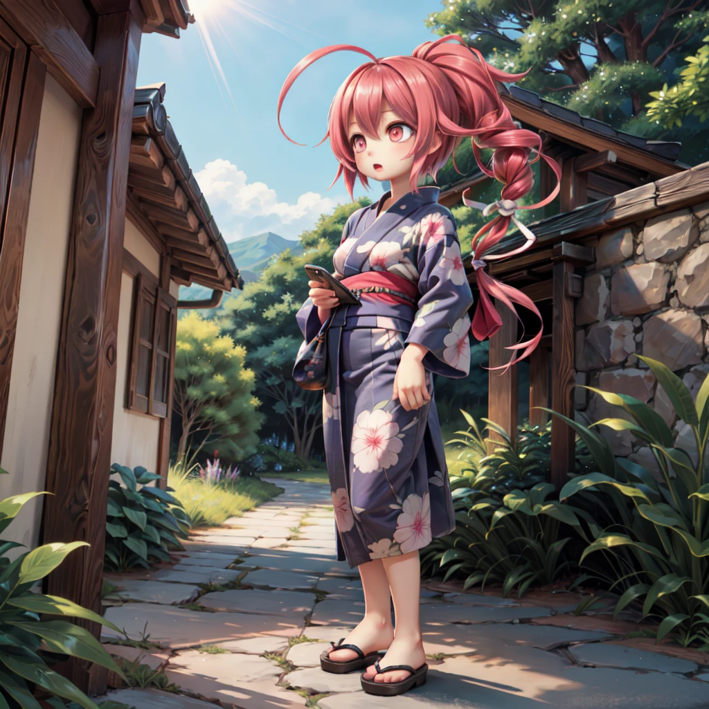(masterpiece), (best quality), (ultra-detailed), photorealistic, (best illustration), (an extremely delicate and beautiful), 1girl, (imuya:1.22), solo, full body, finely detailed iris, long hair, ponytail, hair ribbon, smile, sunlight, diffraction spikes, x hair ornament, ahoge, :o, yukata, print yukata, red eyes, gradient hair, standing, low-tied long hair, finely detailed eyes, holding smartphone, smartphone, extremely detailed outdoors scenery, obi